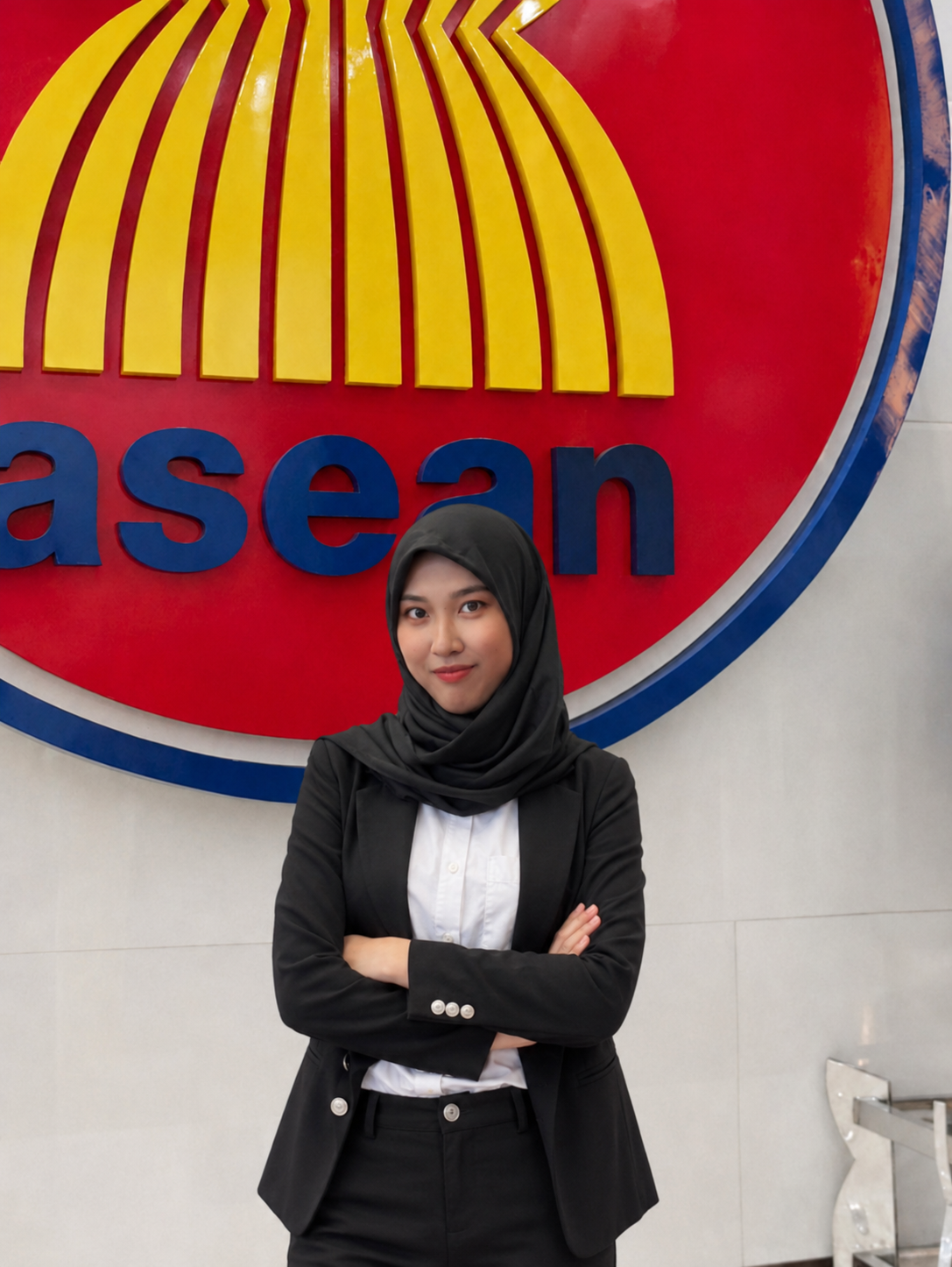 Raina Shafaa standing in front of the ASEAN logo